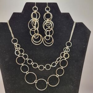 Silver Tone Layered Necklace and Earring Set Circle Disc